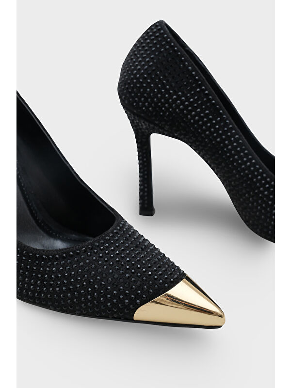 Capone Outfitters Siyah Capone Outfitters Olivia Taşlı Sivri Metal Burunlu Orta Topuklu Saten Abiye Stiletto