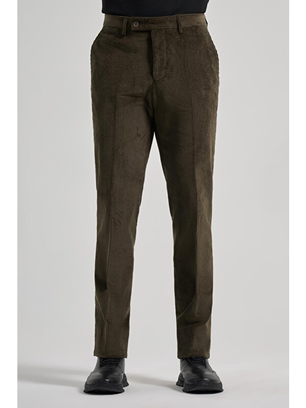 İMZA Koyu Haki Pamuklu Yandan Cepli Comfort Fit Kadife Erkek Pantolon 1003245160