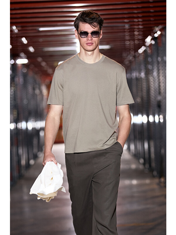 GRIMELANGE JETT Erkek Oversize Fit %100 organik Pamuk Kalın Dokulu Bisiklet Yakalı KOYU HAKİ T-Shirt