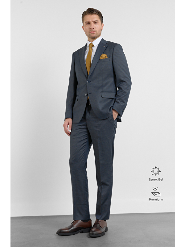 İMZA Açık Lacivert Mono Yaka Düz Desen 6 Drop Comfort Fit Esnek Bel Takım Elbise 1001260152