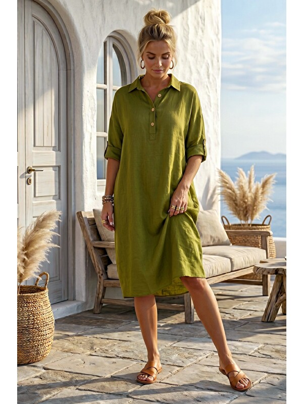 Chiccy Çam Yeşili Gömlek Yaka Düğmeli 3/4 Kol Gizli Cepli Casual Oversize Dokuma Elbise 115 70