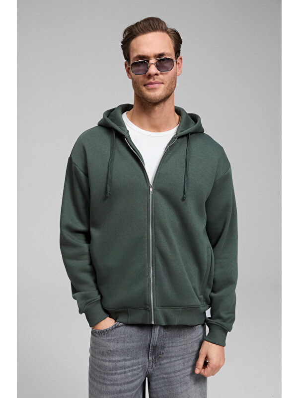 GRIMELANGE ASHBY Erkek Kapüşonlu Fermuarlı Cepli Kordonlu Boxy Kalıp YEŞİL Sweatshirt