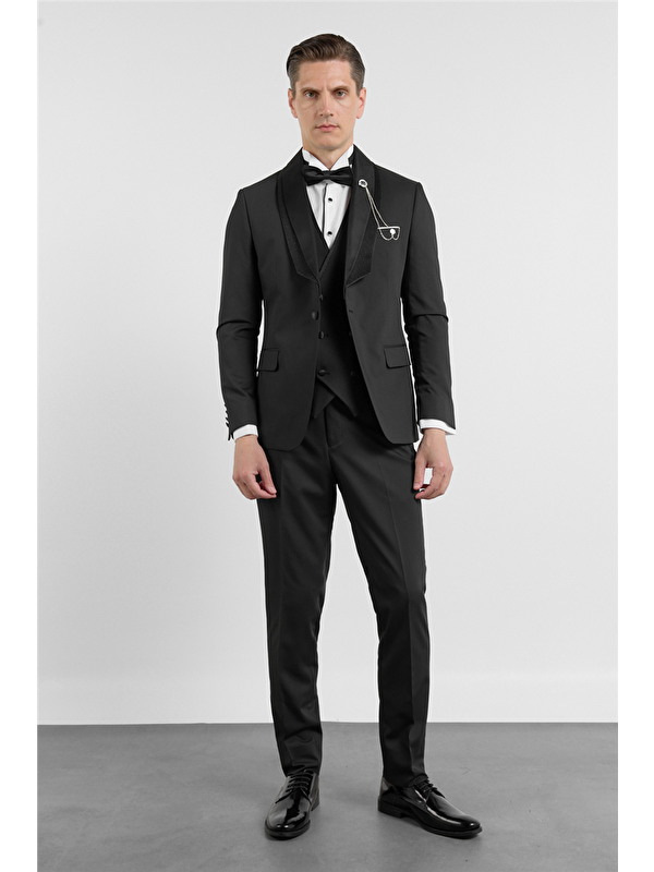 İMZA Siyah Kılıç Yaka Düz Desen 6 Drop Slim Fit Esnek Takım Elbise 1001260292