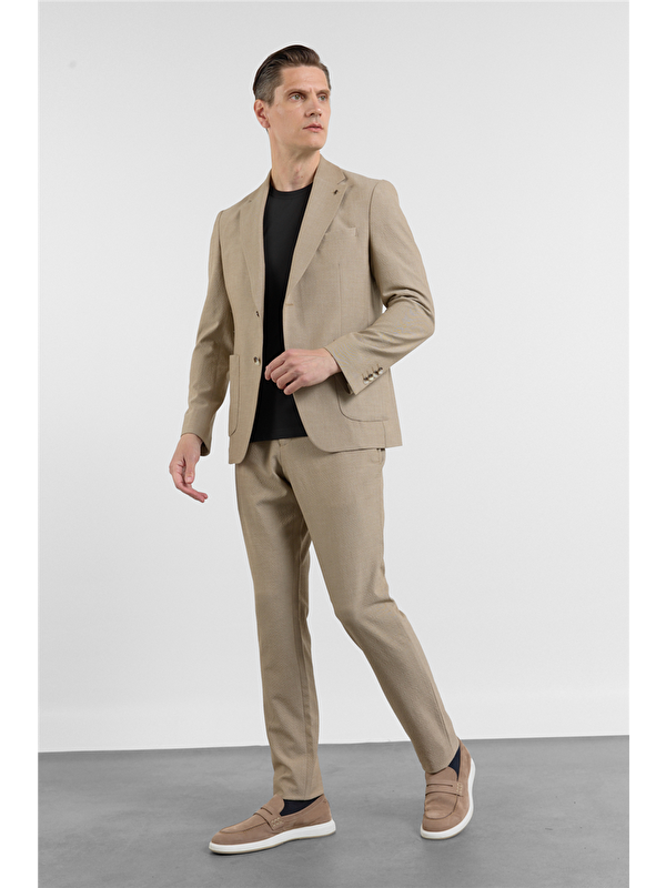 İMZA Koyu Bej Mono Yaka Düz Desen 6 Drop Slim Fit Esnek Takım Elbise 1001260157