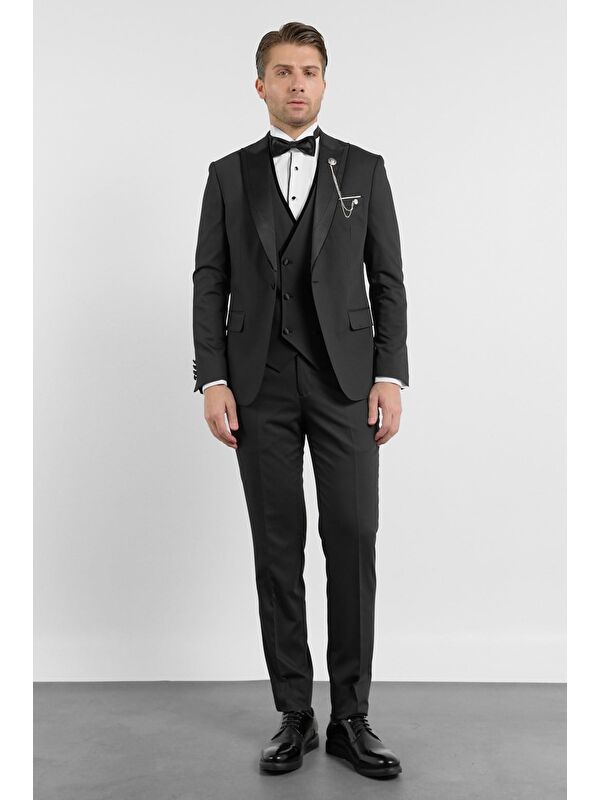 İMZA Siyah Kılıç Yaka Düz Desen 6 Drop Slim Fit Esnek Yelekli Takım Elbise 1001260287