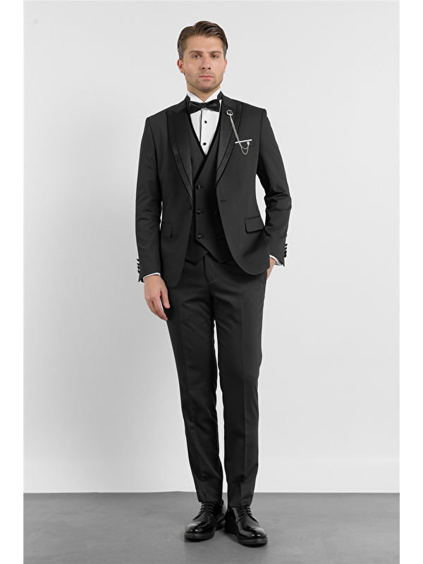 İMZA Siyah Kılıç Yaka Düz Desen 6 Drop Slim Fit Esnek Yelekli Takım Elbise 1001260288