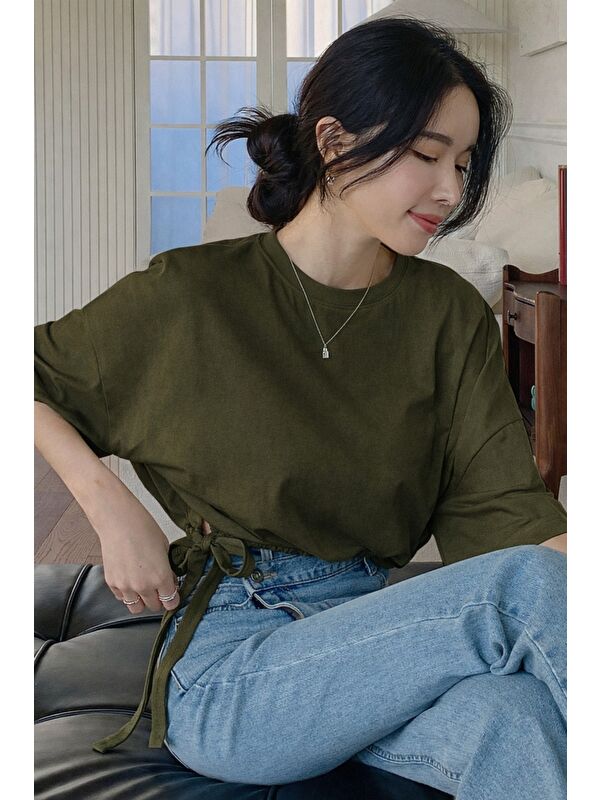 Tarz Cool Kadın Oversize Basic Haki Tişört Yan Bağlamalı Rahat Kesim Günlük Yazlık T-Shirt