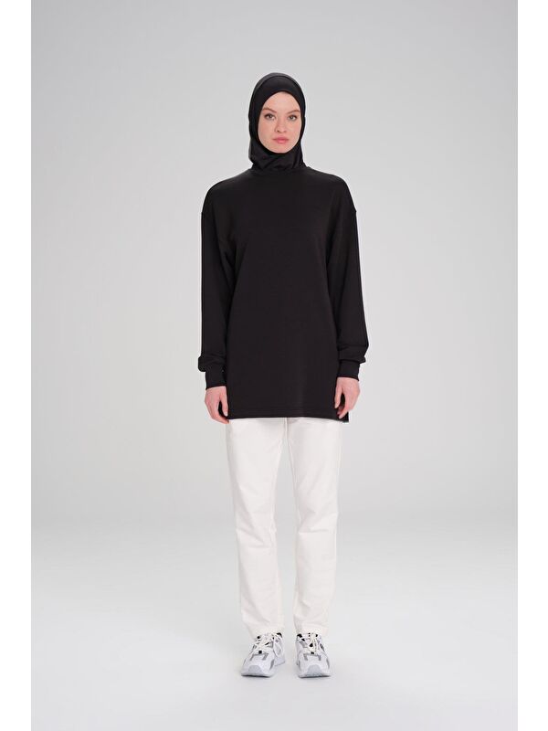 Haşema Yumuşak Dokulu Oversize Siyah Basic Günlük Sweatshirt Act-14