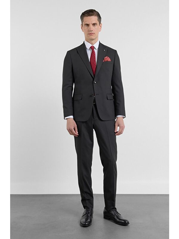 İMZA Siyah Kılıç Yaka Kendinden Desenli 6 Drop Slim Fit Esnek Takım Elbise 1001260158