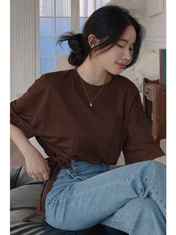 Tarz Cool Kadın Oversize Basic Haki Tişört Yan Bağlamalı Rahat Kesim Günlük Yazlık T-Shirt