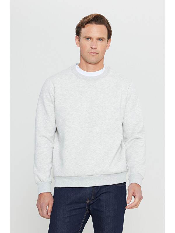 AC&Co / Altınyıldız Classics Erkek Kar Melanj Standart Fit Normal Kesim İçi Polarlı Bisiklet Yaka Sweatshirt
