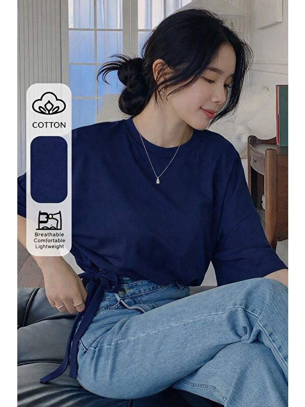Tarz Cool Kadın Oversize Basic Haki Tişört Yan Bağlamalı Rahat Kesim Günlük Yazlık T-Shirt