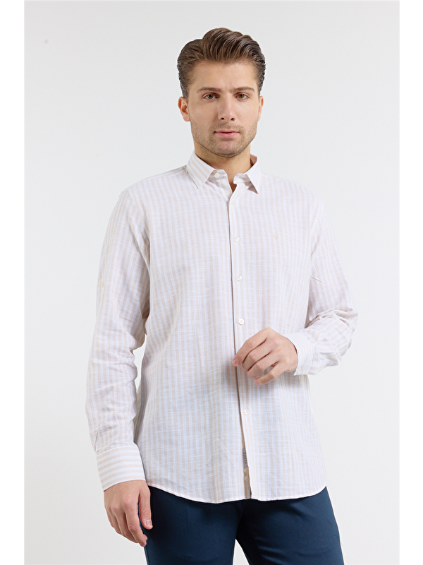 İMZA Bej Kısalabilir Kol Cepsiz Pamuk Casual Comfort Fit Gömlek 1004250128