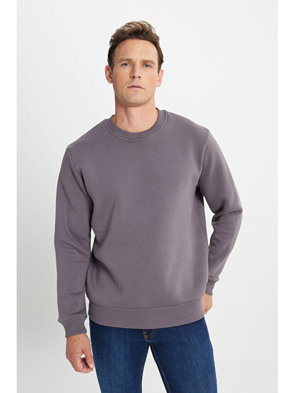 AC&Co / Altınyıldız Classics Erkek Koyu Gri Standart Fit Normal Kesim İçi Polarlı Bisiklet Yaka Sweatshirt