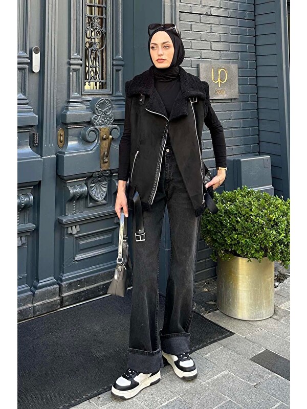 Lamelif Kürk Detaylı Süet Yelek Siyah