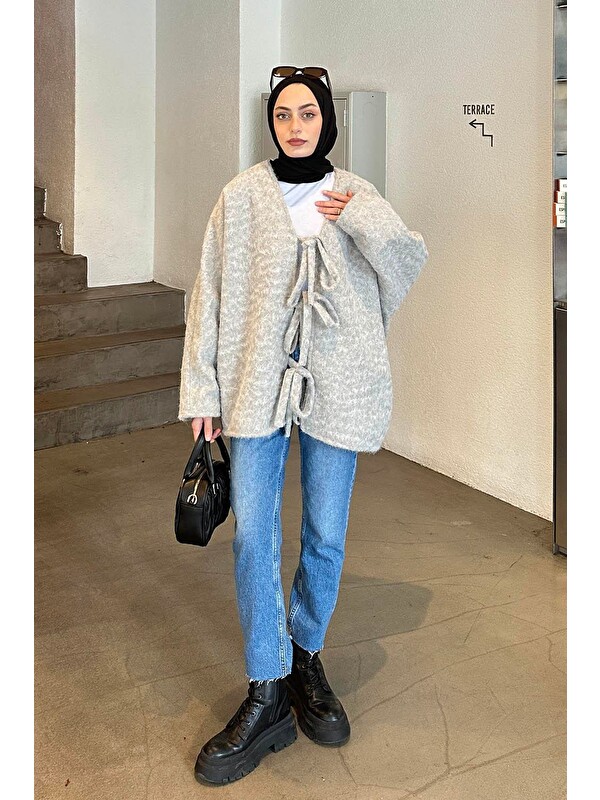 Lamelif Bağlamalı Kaşe Kimono Gri