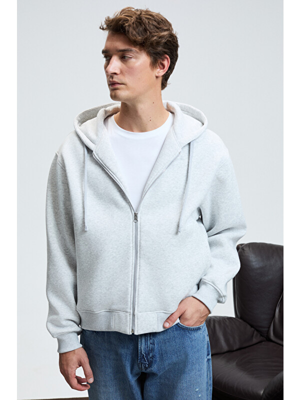 GRIMELANGE ASHBY Erkek Kapüşonlu Fermuarlı Cepli Kordonlu Boxy Kalıp GRİ MELANJ Sweatshirt