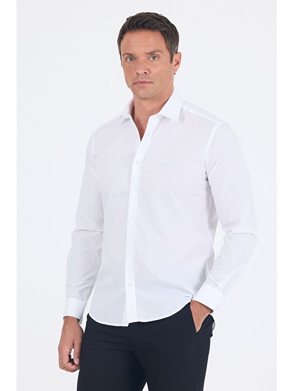 İMZA Beyaz Klasik Yaka Uzun Kol Cepsiz Slim Fit Basic Pamuklu Gömlek 1004255008