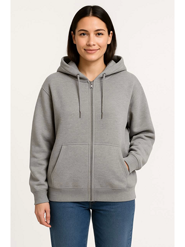 Jane's Üç İplik Kapüşonlu Tam Fermuarlı Kanguru Çepli SweatShirt Hoodie - Gri