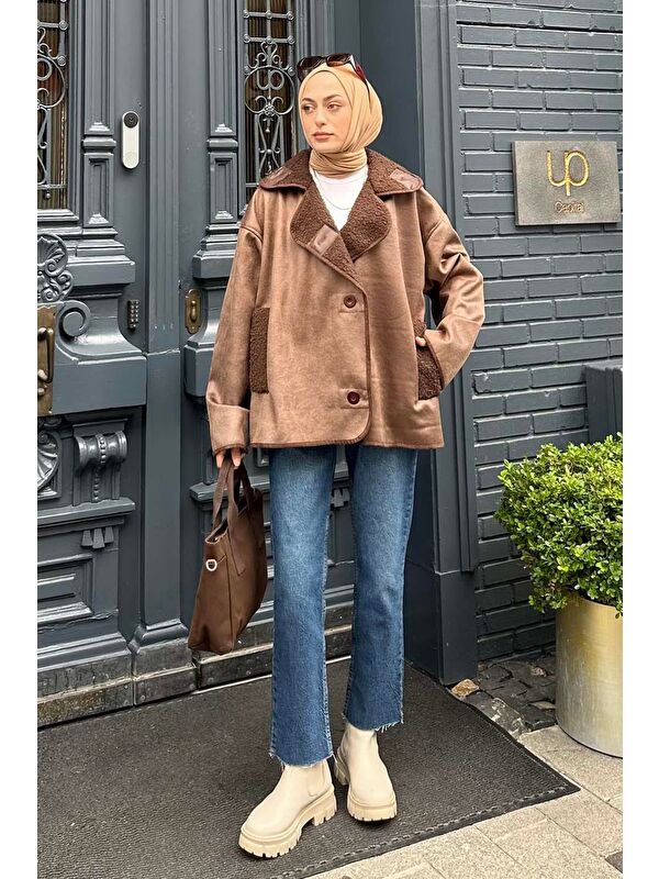Lamelif Süet Düğmeli Mont Acı Kahverengi