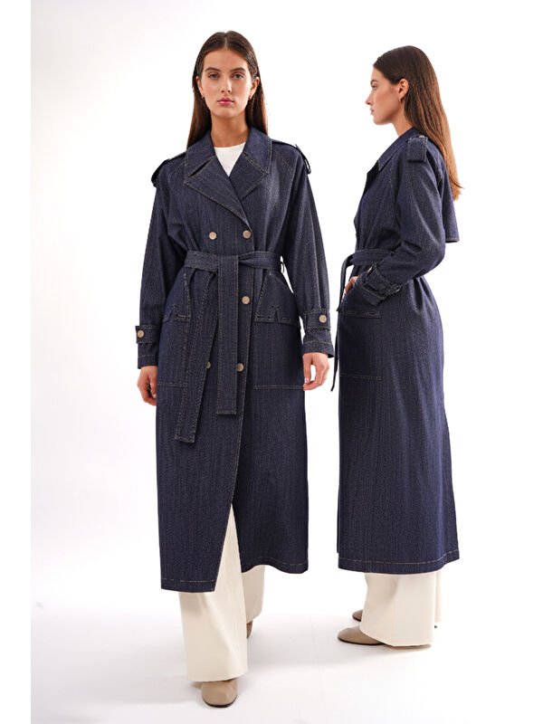 Remsa Önden Kruvaze Çıtçıt Detay Denim Kap Ceket Trench 823 Denim