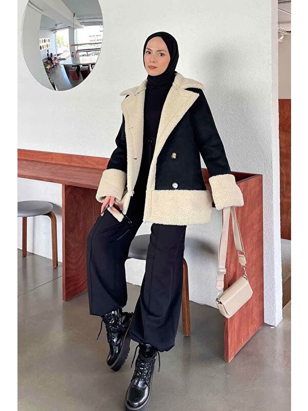 Lamelif Önü Boydan Düğmeli Kürklü Mont Siyah