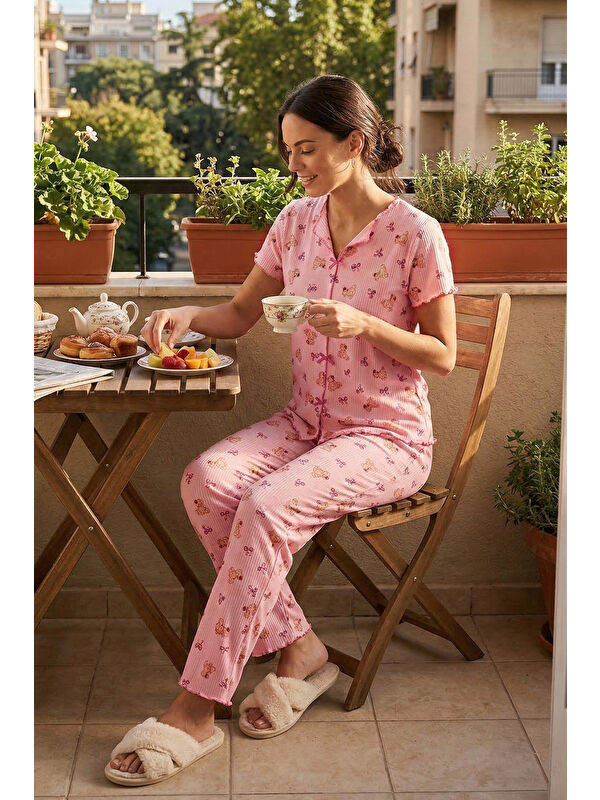 Lela Regular Fit Desenli V Yaka Kısa Kollu Kadın Pijama Takımı 65770836