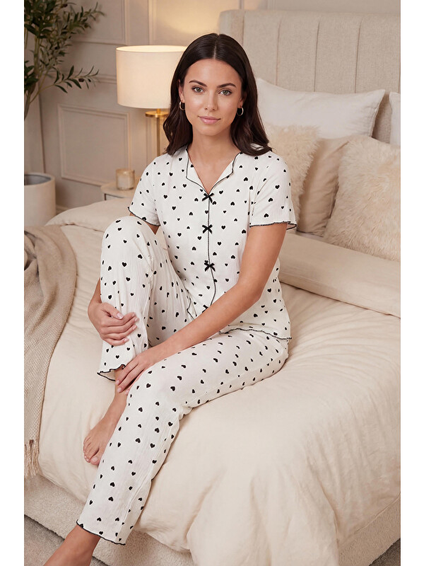 Lela Regular Fit Desenli V Yaka Kısa Kollu Kadın Pijama Takımı 65770836