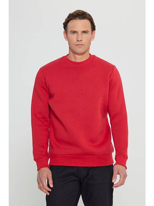 AC&Co / Altınyıldız Classics Erkek Kırmızı Standart Fit Normal Kesim İçi Polarlı Bisiklet Yaka Sweatshirt