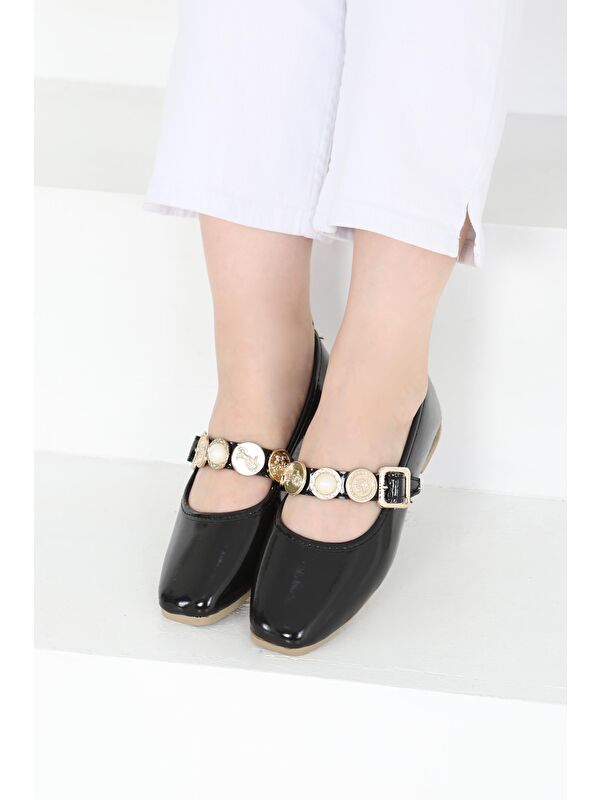 Kadın Siyah Rugan İncili Babet Ayakkabı - 27288 - Görsel 3