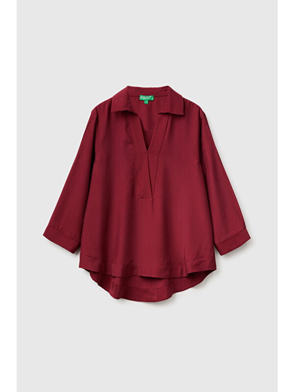 United Colors Of Benetton Kadın Mürdüm Yumuşak Dokulu Polo Yaka Uzun Kollu Bluz