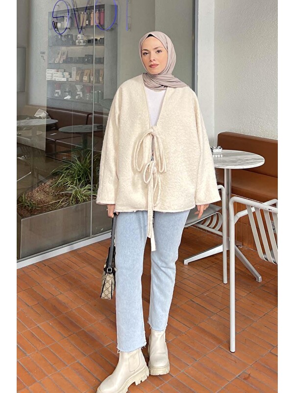Lamelif Bağlamalı Kaşe Kimono Ekru