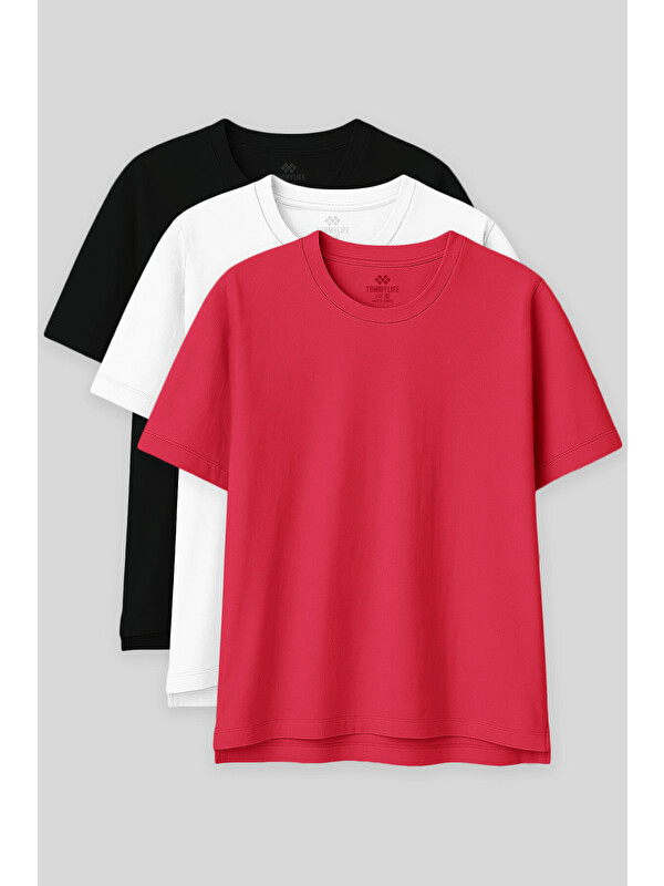 Tommylife Oversize Fit Basic O Yaka 3lü Paket Siyah-Beyaz-Rose Kadın T-Shirt 97285