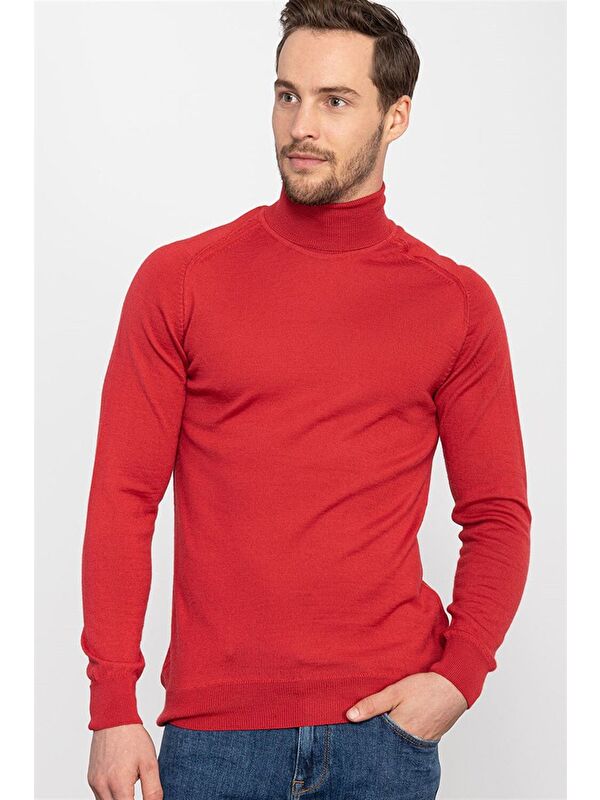 TUDORS Erkek Slim Fit Tam Balıkçı Yaka Düz Kırmızı Triko Kazak