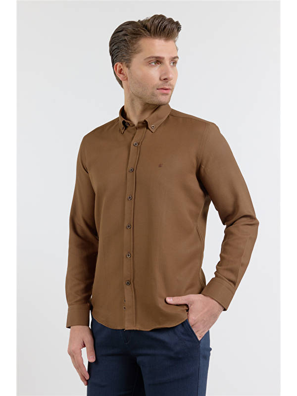 İMZA Koyu Kahverengi Perfetto Düğmeli Yaka Uzun Kol Cepsiz Slim Fit Cls Gömlek 1004255173