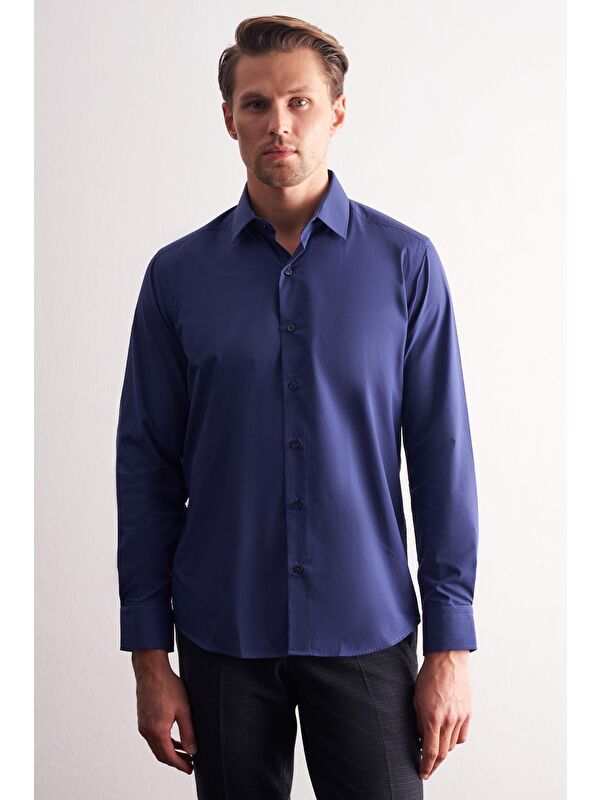 İMZA Lacivert Sert Yaka Filafil Desen Uzun Kol Slim Fit Pamuklu Gömlek 1004255181