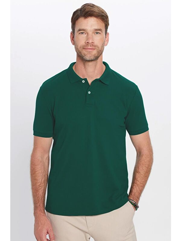 TUDORS Erkek Slim Fit Dar Kesim %100 Pamuk Yeşil Polo Yaka Tişört