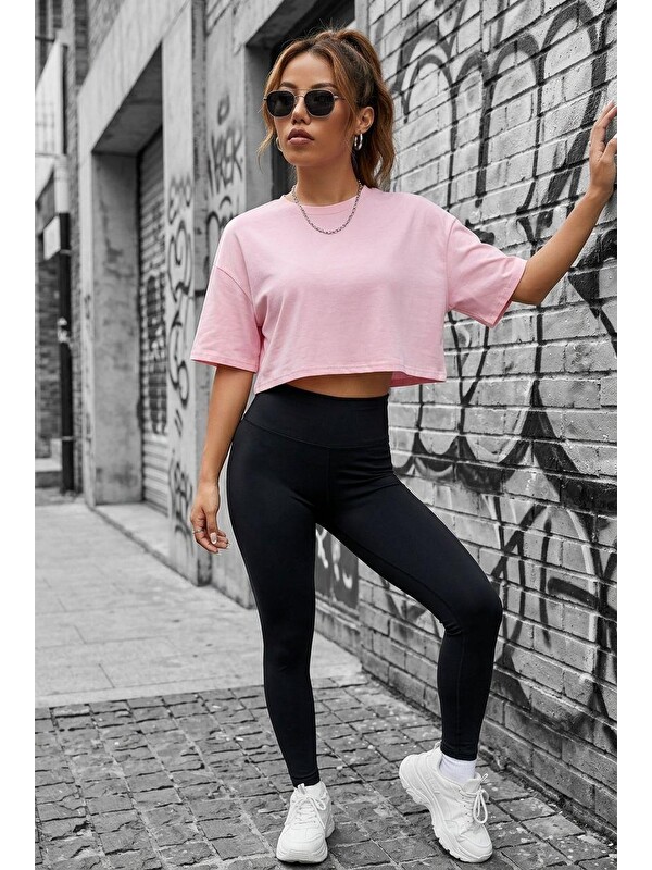 Oksit Cezyy Bisiklet Yaka Basic Oversize Crop Tişört - Pamuklu Rahat Kesim