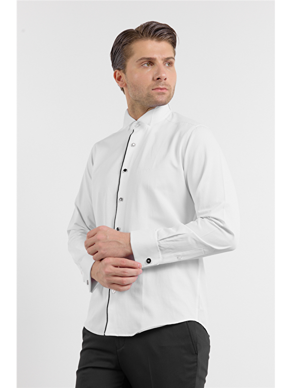 İMZA Beyaz Uzun Kol Ata Yaka Düz Pamuklu Slim Fit Gömlek 1004260215