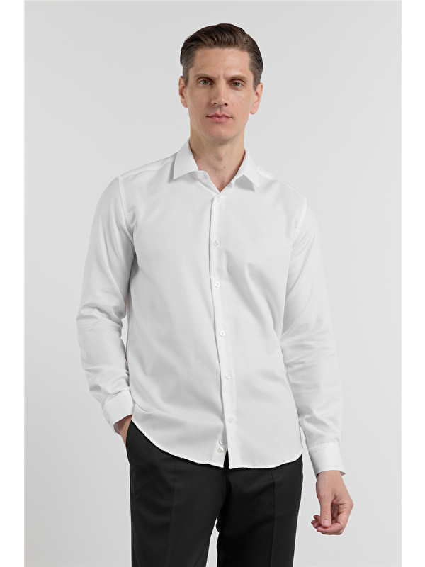 İMZA Beyaz Uzun Kol Sert Yaka Balıksırtı Desen %100 Pamuk Slim Fit Gömlek 1004255200