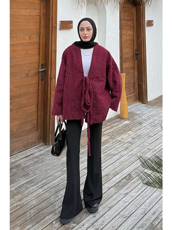 Lamelif Bağlamalı Kaşe Kimono Bordo