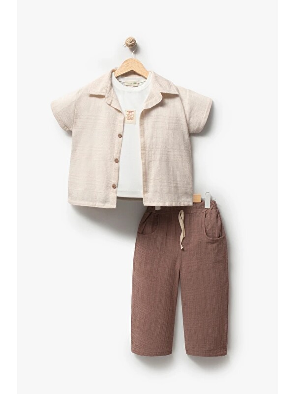 Jikko Baby Kısa Kollu Gömlek Pantolon 3lü Yazlık Erkek Çocuk Takım -3709
