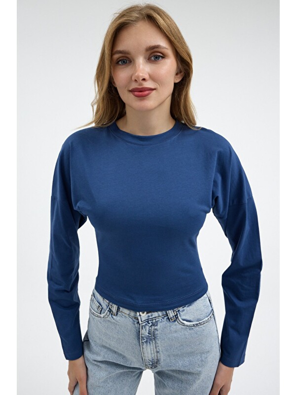 COMBINE Kadın Uzun Kol Bele Oturan Mavi Crop Bluz