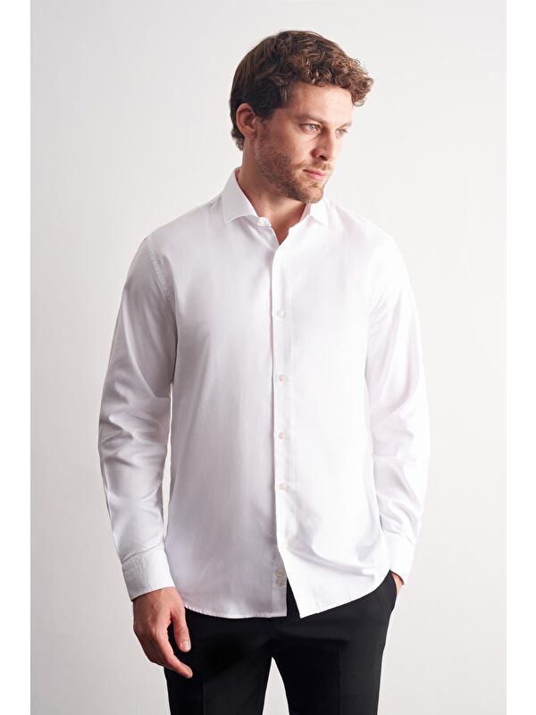 İMZA Beyaz Yarım İtalyan Yaka Uzun Kol Premium Slim Fit %100 Pamuk Gömlek 1004255193