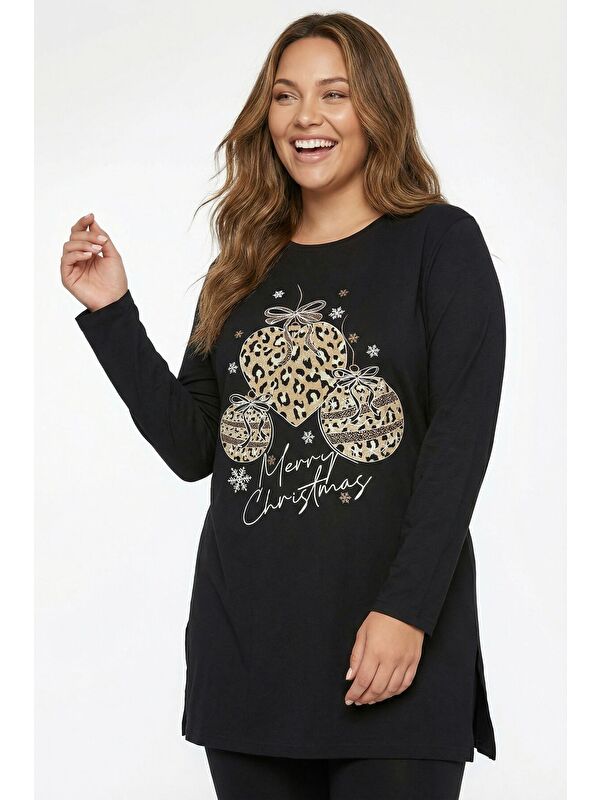 Stil Diva Büyük Beden Yanı Yırtmaçlı Siyah T-Shirt 322982