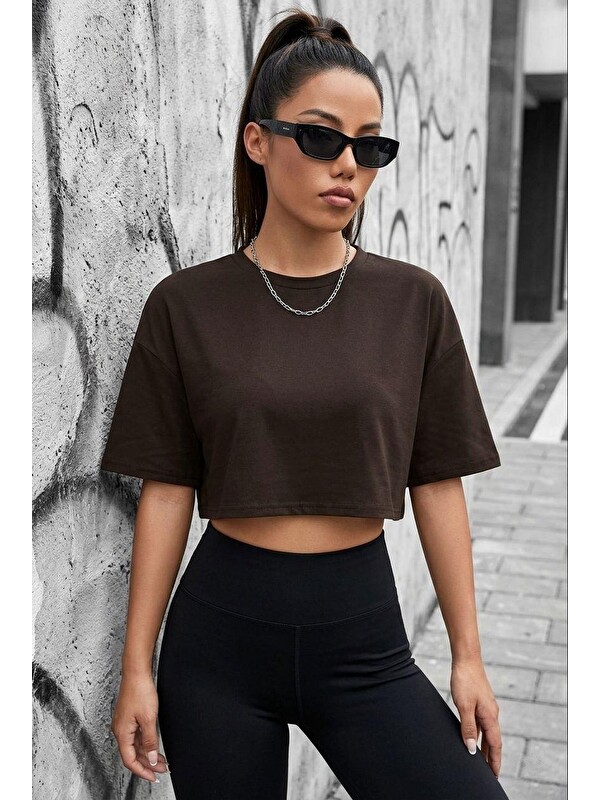 Oksit Cezyy Bisiklet Yaka Basic Oversize Crop Tişört - Pamuklu Rahat Kesim