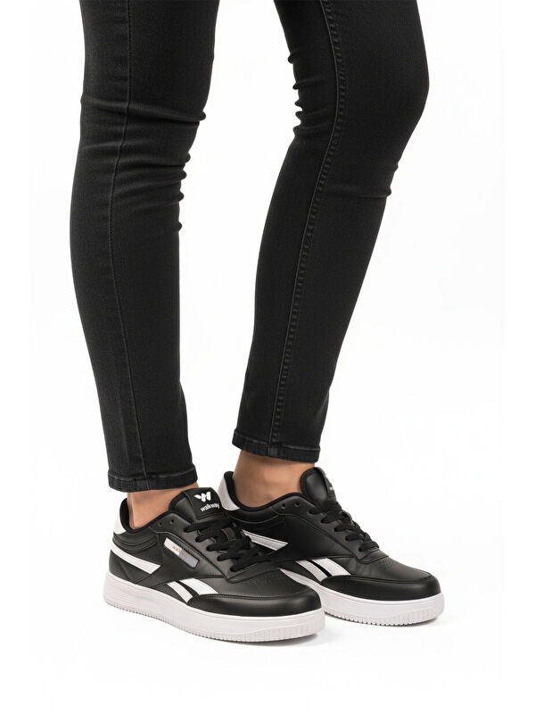 Siyah Beyaz Bağcıklı Hafif Cilt Unisex Spor Ayakkabı Marlow G - Görsel 2