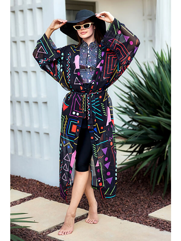 Remsa Mayo Remsa Tesettür Mayo Üzerine Tek Kaftan Kimono Pareo Siyah01 RP025 Canan