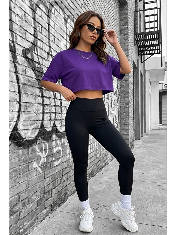 Oksit Cezyy Bisiklet Yaka Basic Oversize Crop Tişört - Pamuklu Rahat Kesim
