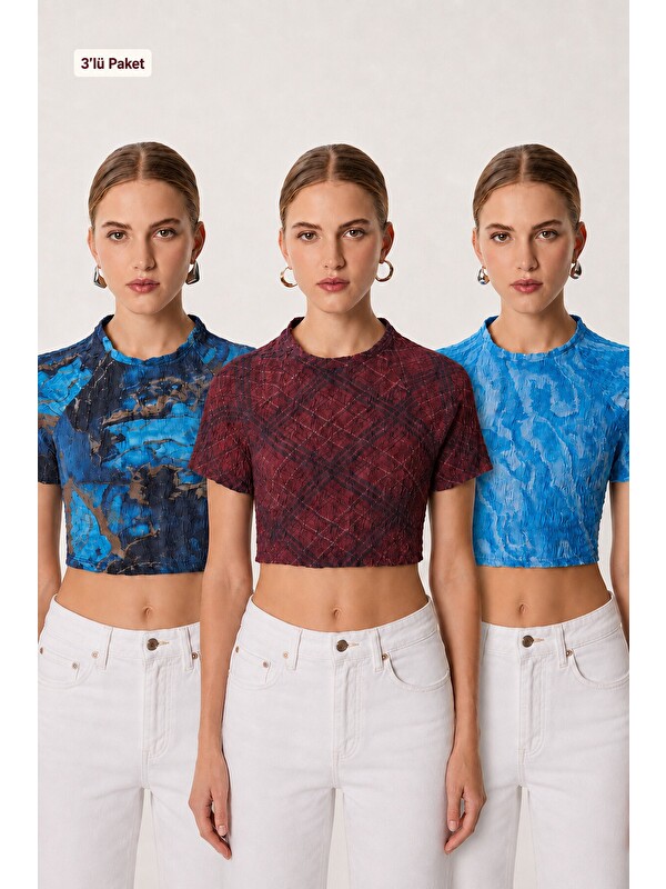 Happiness İstanbul 3’lü Paket Desenli Crop Krinkıl Bluz BORDO GÖK MAVİ LACİVERT LAN0088